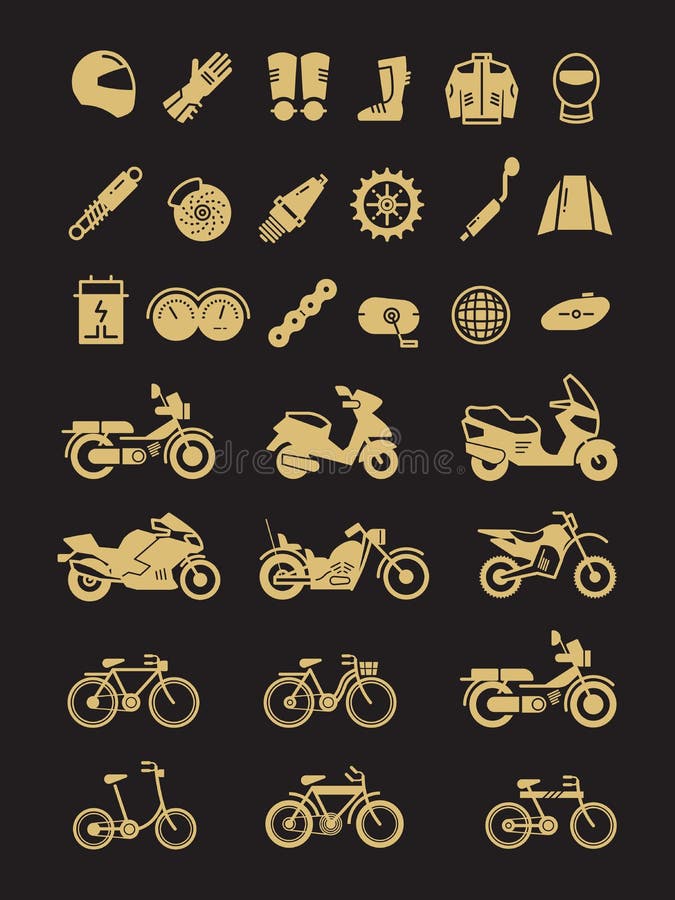 Racing motorcycle, bicycle, motorbike parts and transportation vector icons of set isolated on black illustration. Racing motorcycle, bicycle, motorbike parts and transportation vector icons of set isolated on black illustration