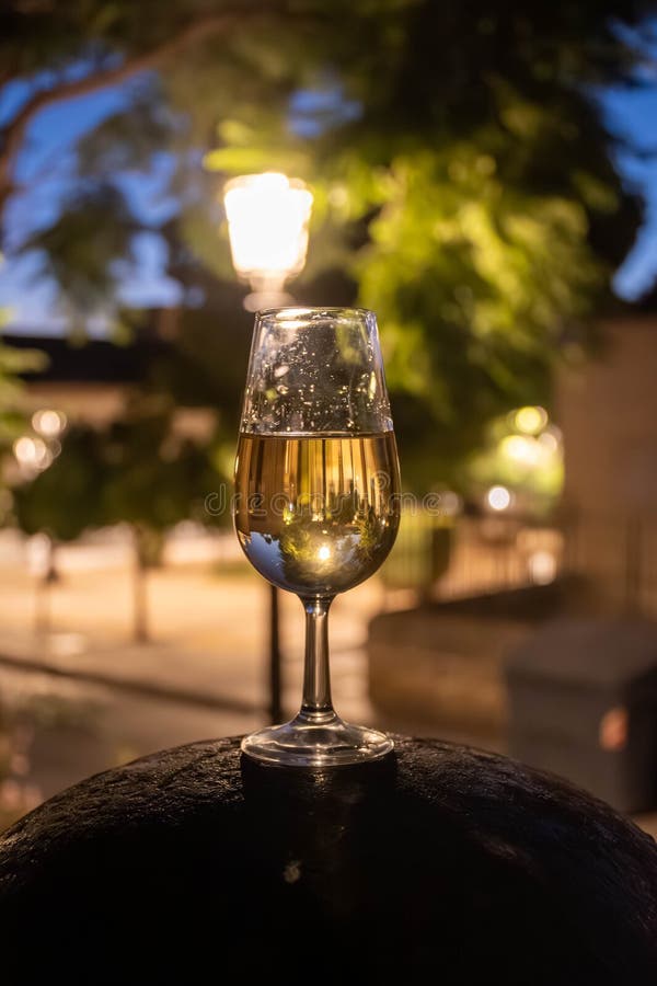 赫雷斯德拉弗龙特拉酒杯室外酒杯背景中的雪利酒杯，带fino和旧bogedas jerez酒窖 库存照片