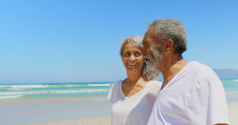 走在海滩的愉快的活跃资深非裔美国人的夫妇侧视图在阳光4k下