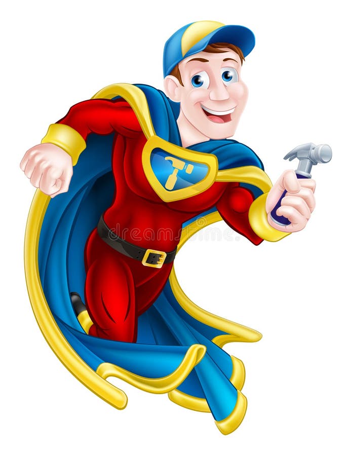 Illustration of a cartoon builder, handyman or carpenter superhero mascot holding a hammer. Illustration of a cartoon builder, handyman or carpenter superhero mascot holding a hammer