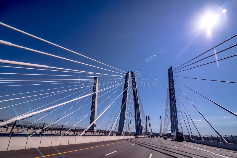 Crossing the Governor Mario M. Cuomo Bridge former Tappan Zee Bridge. It is spanning the Hudson River between Tarrytown and Nyack in the U.S.  state of New York. Crossing the Governor Mario M. Cuomo Bridge former Tappan Zee Bridge. It is spanning the Hudson River between Tarrytown and Nyack in the U.S.  state of New York