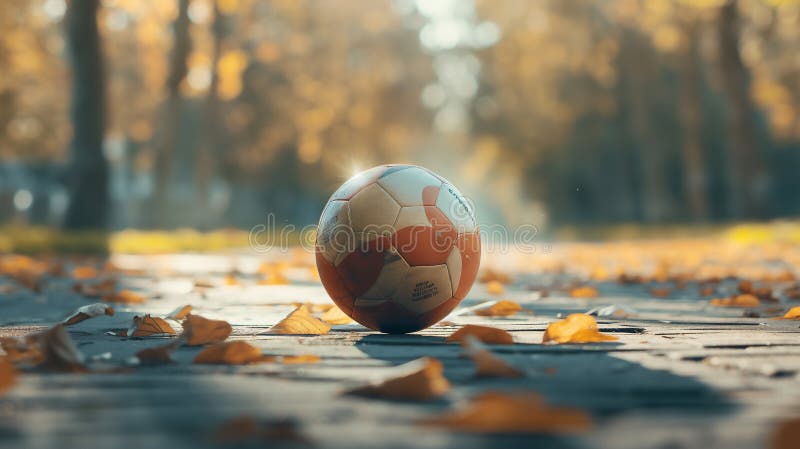A soccer ball sits on a sunlit pathway lined with fallen autumn leaves, trees in soft focus in the background illustration by generative ai. A soccer ball sits on a sunlit pathway lined with fallen autumn leaves, trees in soft focus in the background illustration by generative ai