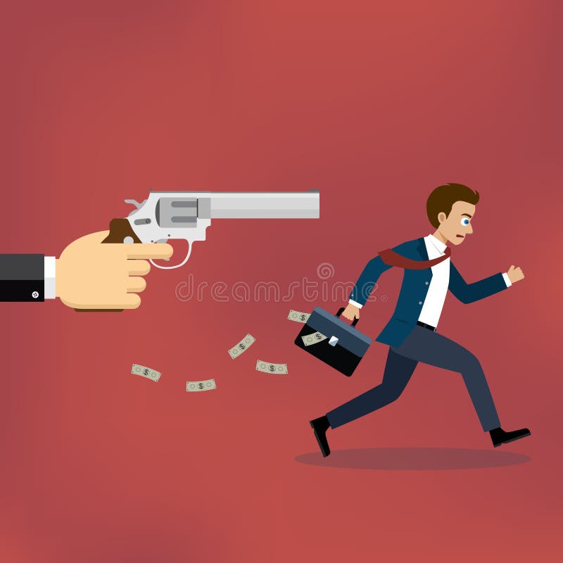 Businessman running away from gunman on the red background. Businessman running away from gunman on the red background.