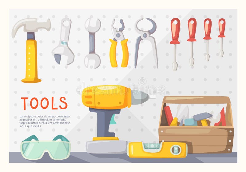 Colorful poster with carpenter's tools on garage wall. Colorful poster with carpenter's tools on garage wall