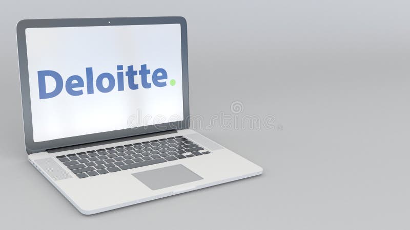 转动的开头和闭合值的膝上型计算机有Deloitte商标的 计算机科技概念性社论4K夹子 皇族释放例证