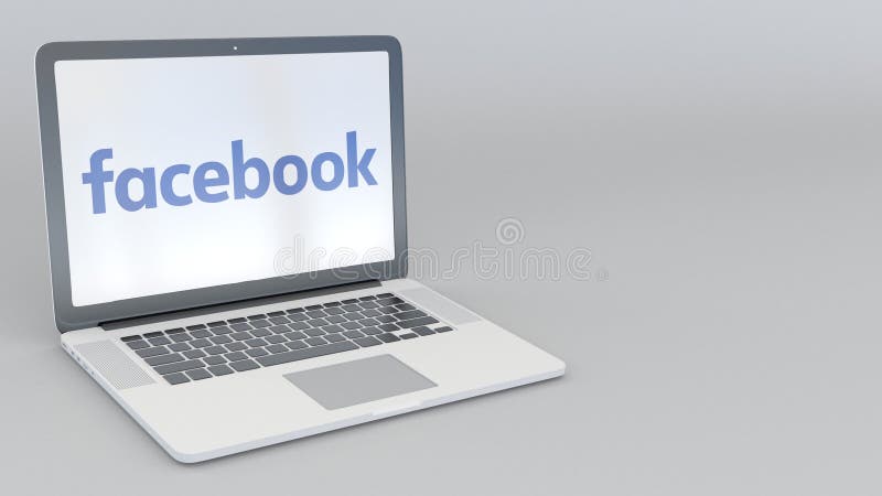 转动的开头和闭合值的膝上型计算机有Facebook商标的 计算机科技概念性社论4K夹子 库存例证