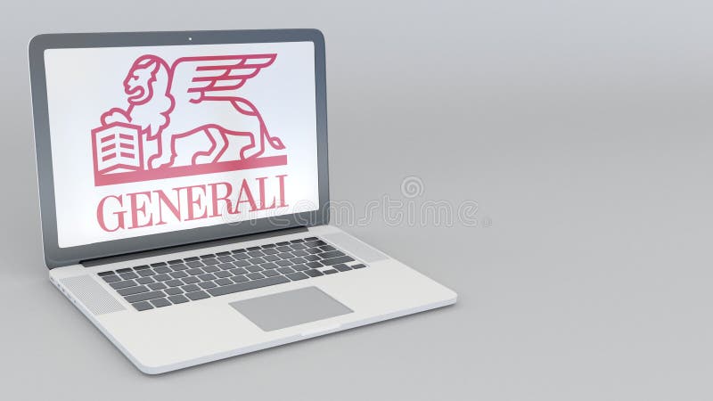 转动的开头和闭合值的膝上型计算机有Generali的编组商标 计算机科技概念性社论4K夹子 向量例证