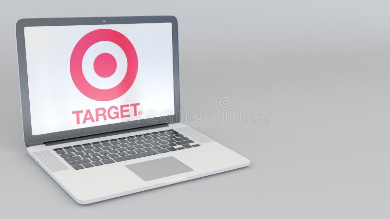 转动的开头和闭合值的膝上型计算机有Target Corporation商标的 计算机科技概念性社论4K夹子 库存例证