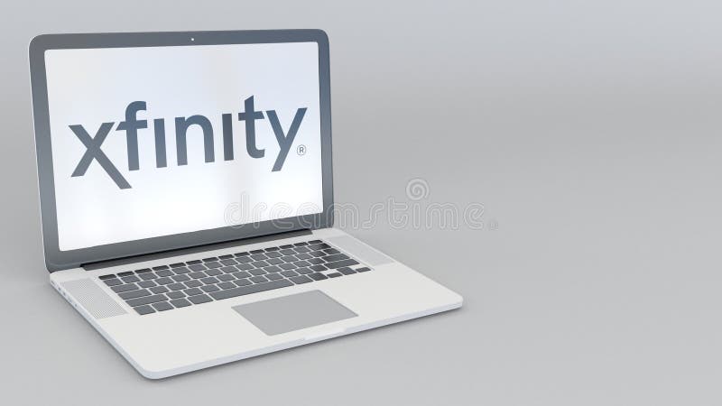 转动的开头和闭合值的膝上型计算机有Xfinity商标的 计算机科技概念性社论4K夹子 库存例证