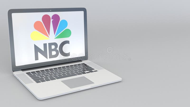 转动的开头和闭合值的膝上型计算机有全国广播公司NBC商标的 概念性的计算机科技 皇族释放例证