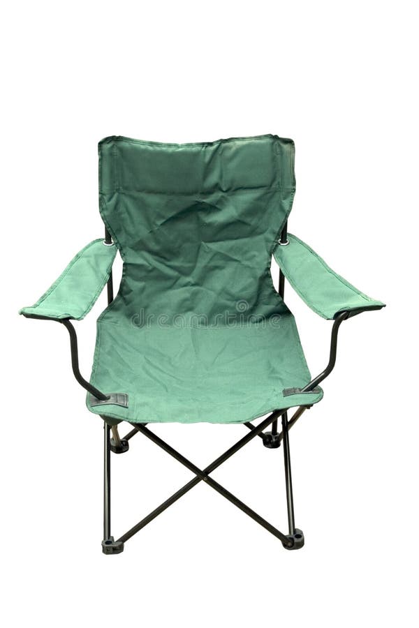 A green folding camping chair. A green folding camping chair