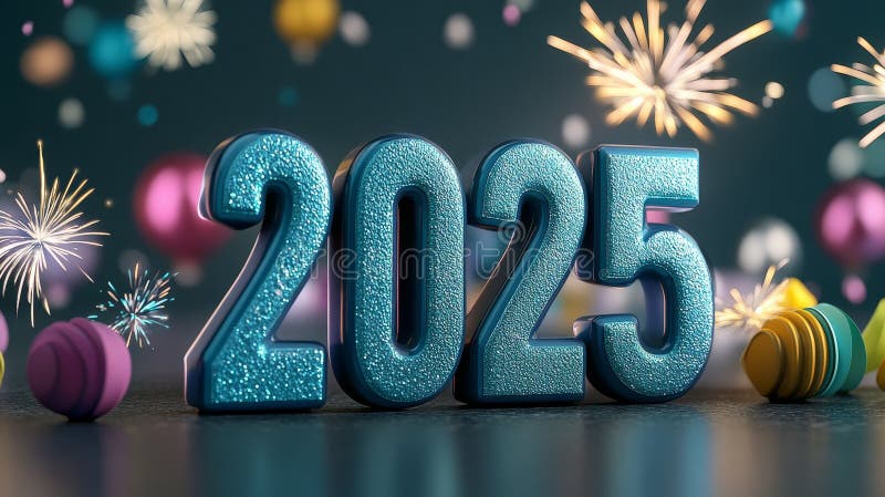 辉煌的2025年新年前夜的庆祝节日新年，希望未来的成功以光亮的2025年数字 皇族释放例证