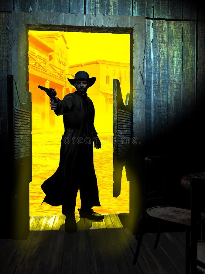 Old western saloon, where a man penetrates, weapon in hand. At the background, the town under the sun. Old western saloon, where a man penetrates, weapon in hand. At the background, the town under the sun.