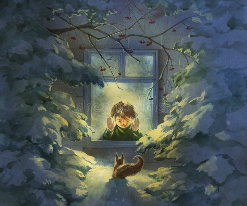 Christmas card illustration of a little boy looking out of window and a squirrel outside in a snowy winter forest on Christmas night. Christmas card illustration of a little boy looking out of window and a squirrel outside in a snowy winter forest on Christmas night