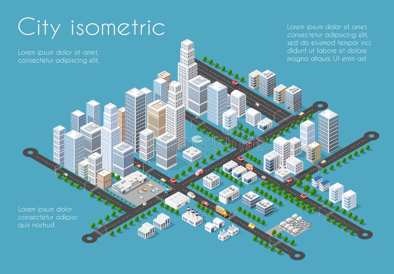 Transportation 3D city streets intersection with houses and trees. Isometric view from above on a city transport. Transportation 3D city streets intersection with houses and trees. Isometric view from above on a city transport