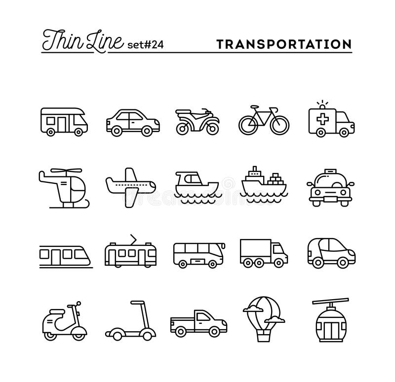 Transportation and vehicles, thin line icons set, vector illustration. Transportation and vehicles, thin line icons set, vector illustration