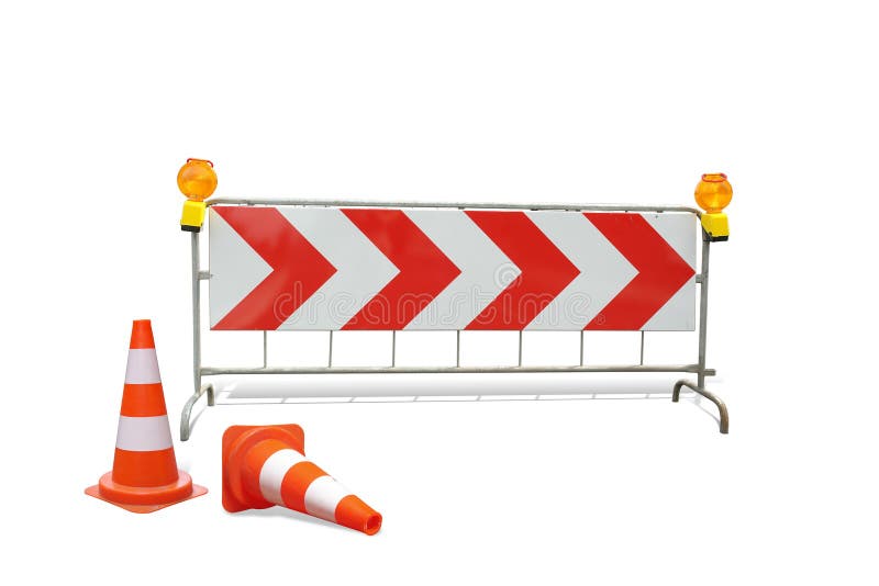 Two road guards and red stripe barrier with warning lights isolated on white. Two road guards and red stripe barrier with warning lights isolated on white