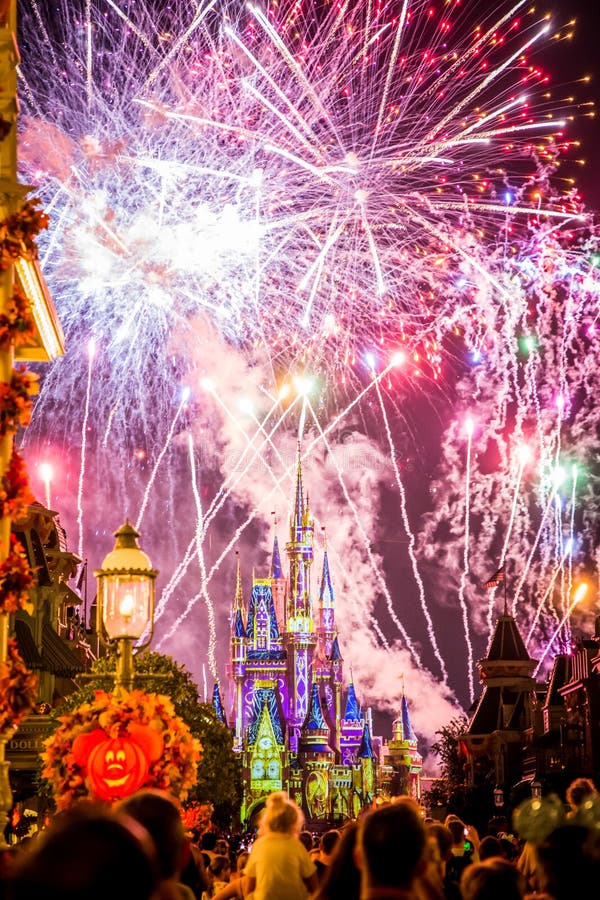 Orlando, Florida. September 26, 2019: Nighttime Cinderella castle fireworks at Walt Disney Worldâ€™s Magic Kingdom. Orlando, Florida. September 26, 2019: Nighttime Cinderella castle fireworks at Walt Disney Worldâ€™s Magic Kingdom.