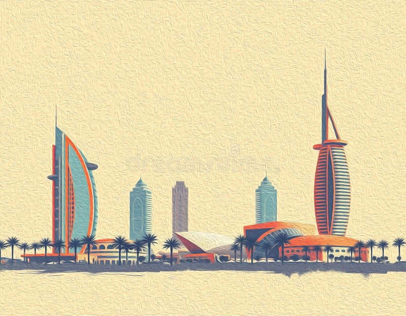 迪拜阿拉伯联合酋长国. 油漆旅行插图. 壁饰上印刷的抽象图案 向量例证