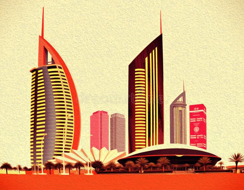 迪拜阿拉伯联合酋长国. 油漆旅行插图. 壁饰上印刷的抽象图案 库存例证