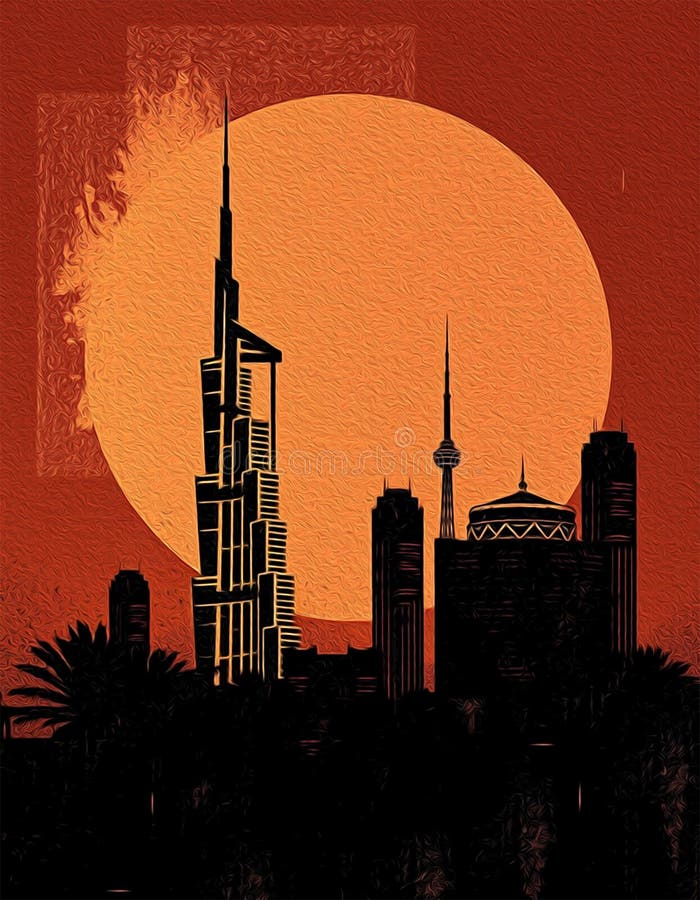 迪拜阿拉伯联合酋长国. 油漆旅行插图. 壁饰上印刷的抽象图案 向量例证