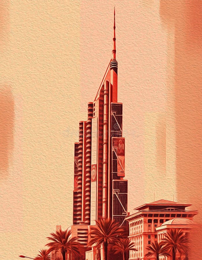 迪拜阿拉伯联合酋长国. 油漆旅行插图. 壁饰上印刷的抽象图案 库存例证