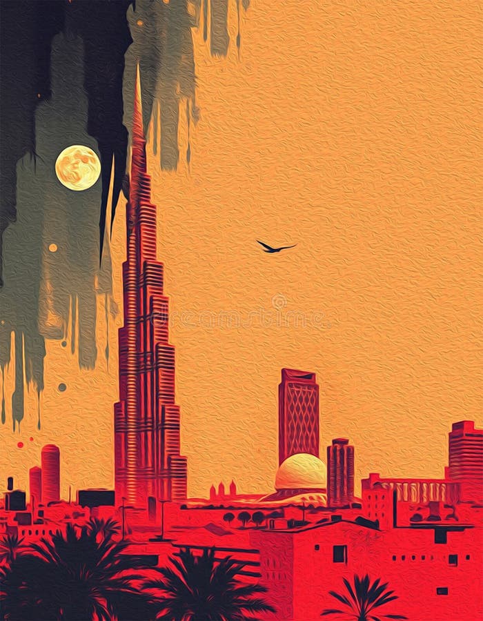 迪拜阿拉伯联合酋长国. 油漆旅行插图. 壁饰上印刷的抽象图案 向量例证