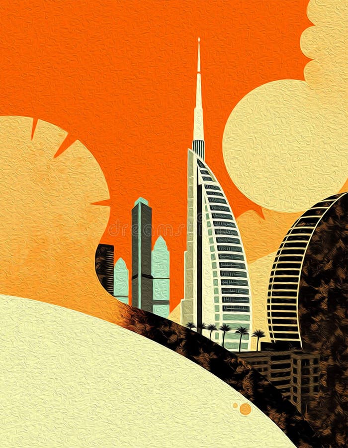 迪拜阿拉伯联合酋长国. 油漆旅行插图. 壁饰上印刷的抽象图案 皇族释放例证