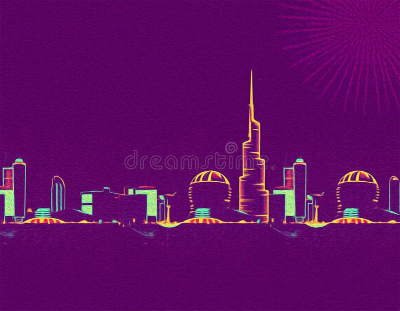 迪拜阿拉伯联合酋长国. 油漆旅行插图. 壁饰上印刷的抽象图案 皇族释放例证