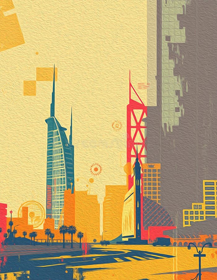 迪拜阿拉伯联合酋长国. 油漆旅行插图. 壁饰上印刷的抽象图案 库存例证