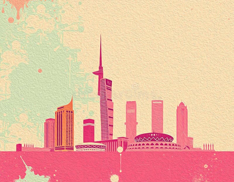 迪拜阿拉伯联合酋长国. 油漆旅行插图. 壁饰上印刷的抽象图案 向量例证