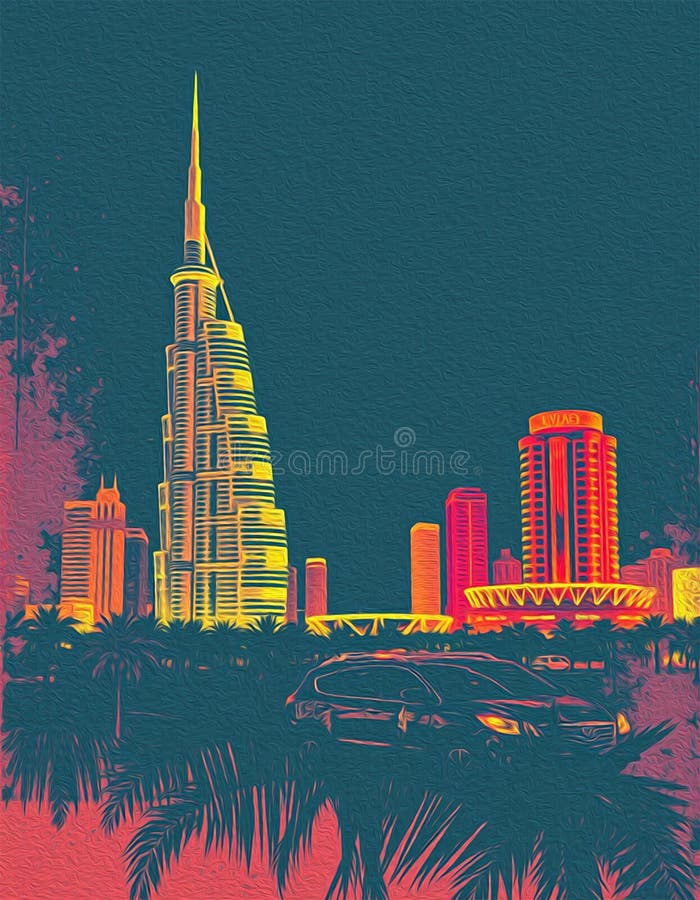 迪拜阿拉伯联合酋长国. 油漆旅行插图. 壁饰上印刷的抽象图案 皇族释放例证