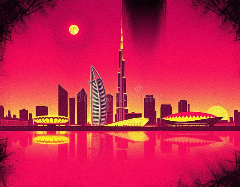 迪拜阿拉伯联合酋长国. 油漆旅行插图. 壁饰上印刷的抽象图案 库存例证