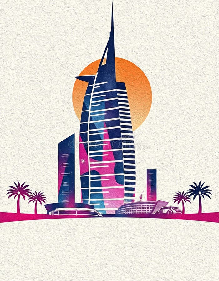 迪拜阿拉伯联合酋长国. 油漆旅行插图. 壁饰上印刷的抽象图案 皇族释放例证