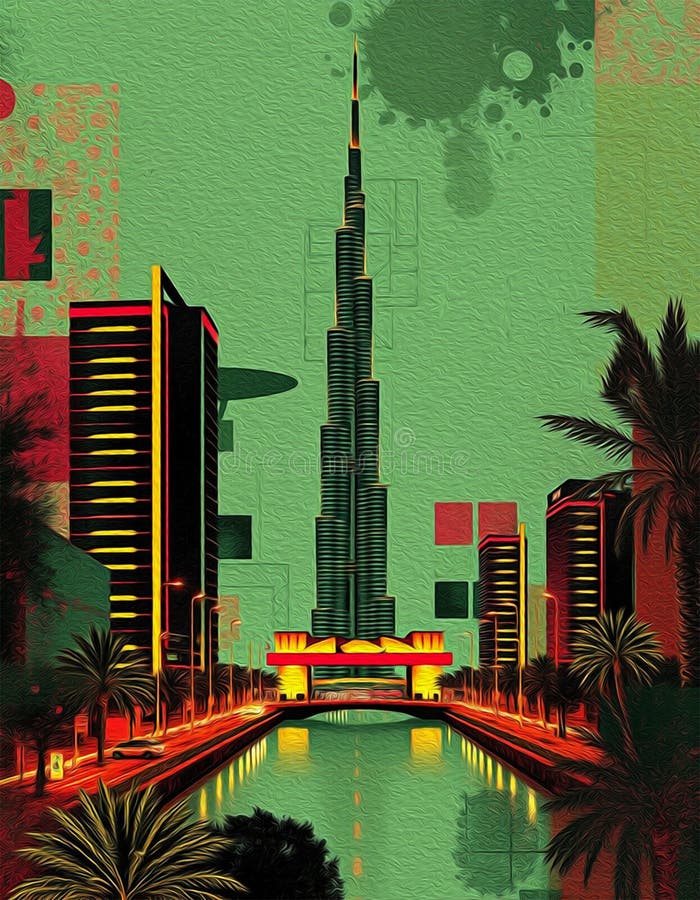 迪拜阿拉伯联合酋长国. 油漆旅行插图. 壁饰上印刷的抽象图案 向量例证