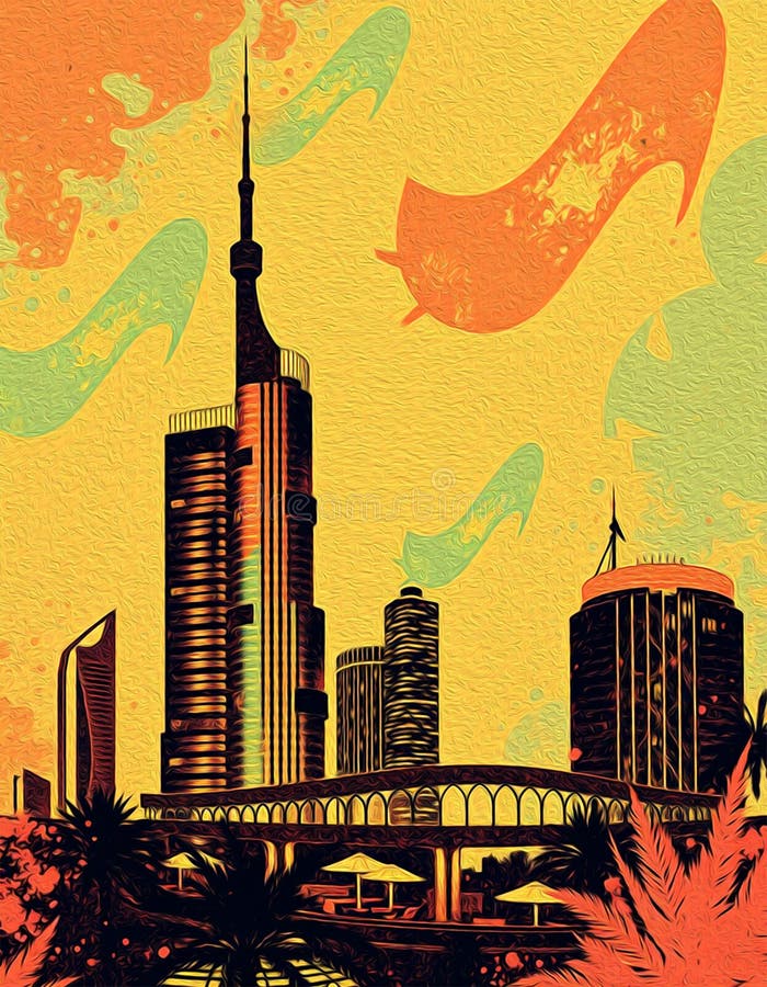 迪拜阿拉伯联合酋长国. 油漆旅行插图. 壁饰上印刷的抽象图案 库存例证
