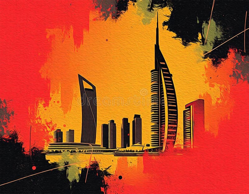 迪拜阿拉伯联合酋长国. 油漆旅行插图. 壁饰上印刷的抽象图案 向量例证