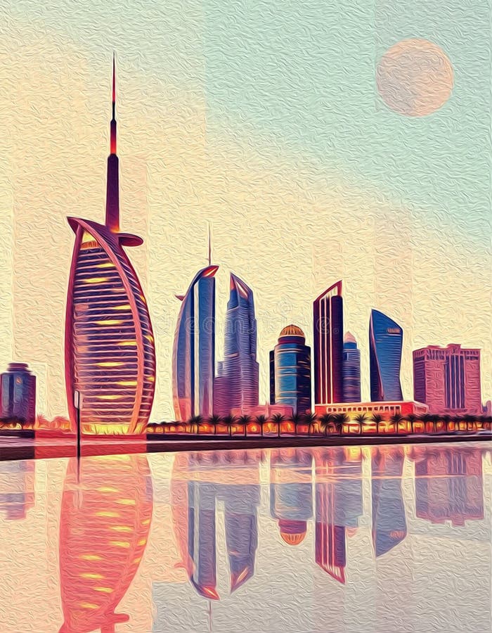 迪拜阿拉伯联合酋长国. 油漆旅行插图. 壁饰上印刷的抽象图案 库存例证