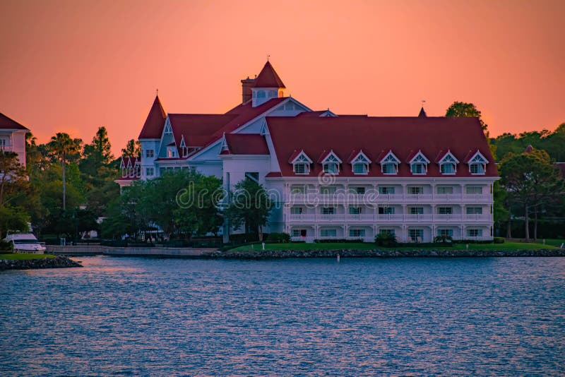 Orlando, Florida. April 23, 2019. Disney`s Grand Floridian Resort & Spa on beautiful sunset background at Walt Disney World 2. Orlando, Florida. April 23, 2019. Disney`s Grand Floridian Resort & Spa on beautiful sunset background at Walt Disney World 2