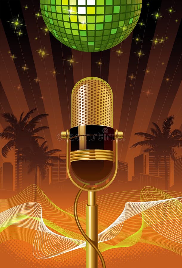 Summer, disco, night - Golden microphone against a tropical city. Summer, disco, night - Golden microphone against a tropical city.