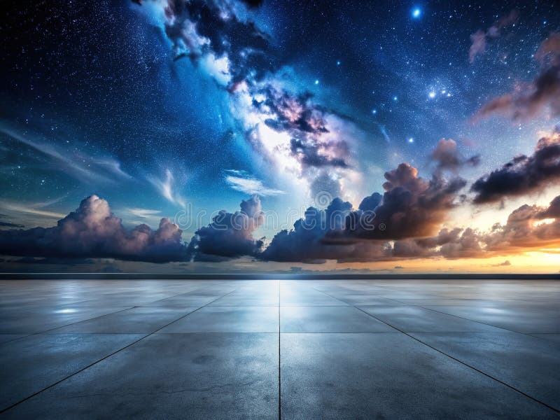 迷人的夜空与深色的混凝土地板相遇，为您的设计项目提供了令人叹为观止的风景背景图像 库存例证