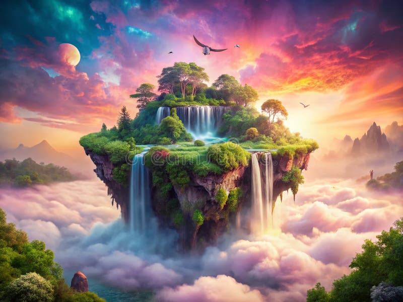 迷人的柔和的云景是一幅双曝光的杰作，其中有一座漂浮岛和令人叹为观止的宏伟瀑布 向量例证