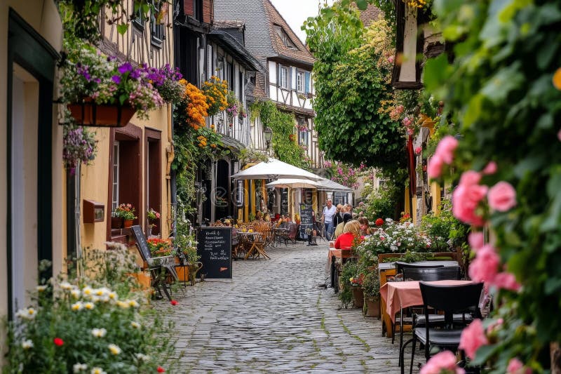 迷人的鹅卵石街道，绿色的鲜花和古色古香的咖啡馆. 美丽的环境，让客人悠闲地散步 免版税图库摄影