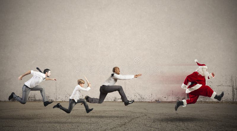 Group of runner angry person chasing Santa Claus. Group of runner angry person chasing Santa Claus