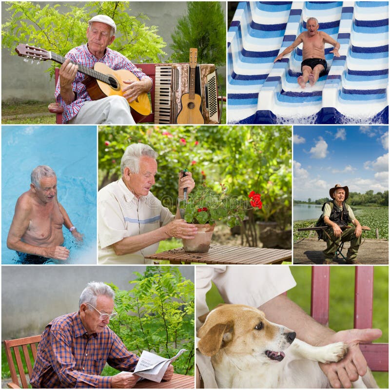 Collage of senior man activities in retirement. Collage of senior man activities in retirement
