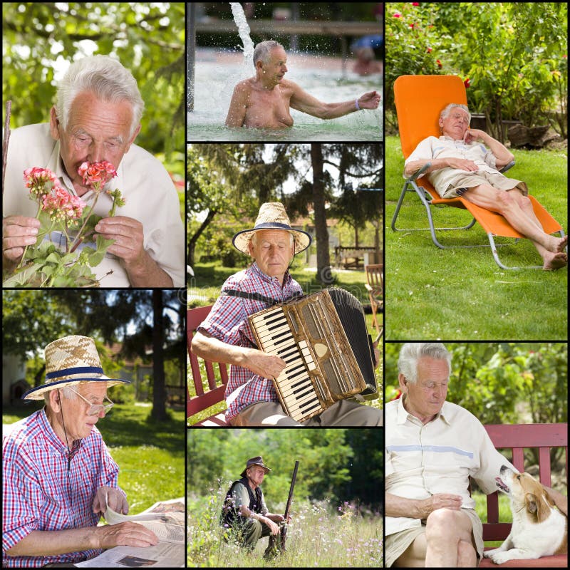 Collage of senior man activities in retirement. Collage of senior man activities in retirement