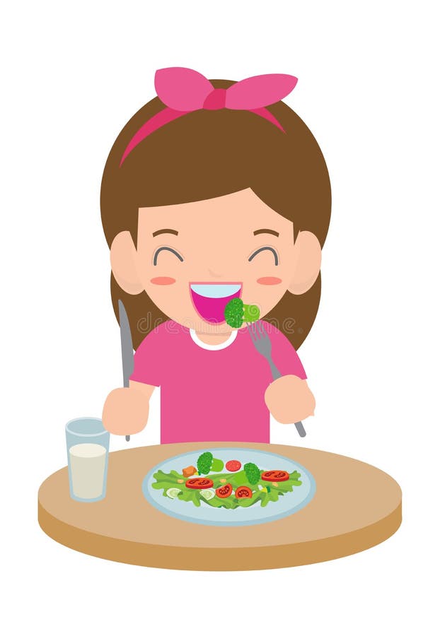 逗人喜爱的吃沙拉的动画片愉快的女孩 健康菜食物和儿童传染媒介例证 皇族释放例证 逗人喜爱的吃沙拉的动画片愉快的女孩 健康菜食物和儿童传染媒介例证 皇族释放例证