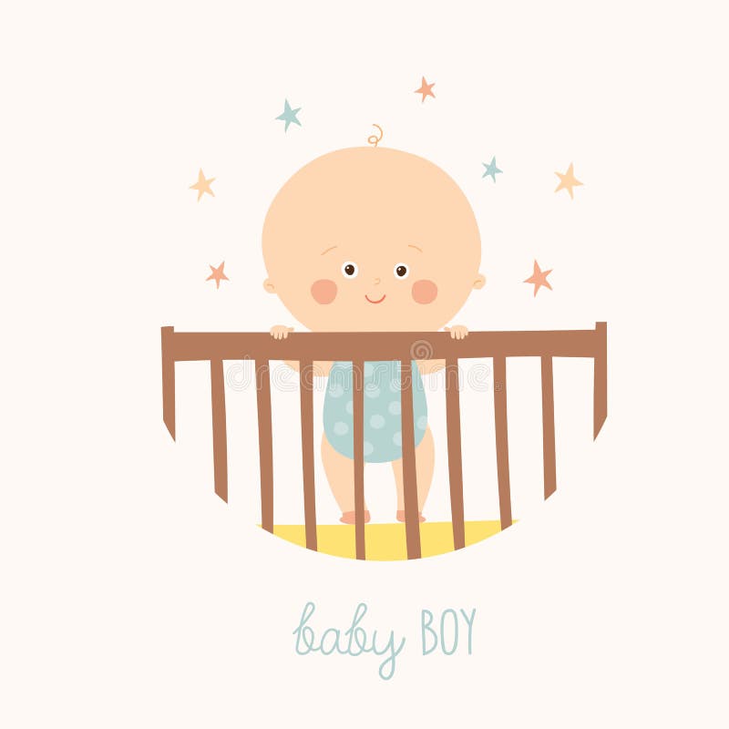 Cute Baby 1 year old standing in Crib. Baby shower design element. Cartoon vector hand drawn eps 10 illustration isolated on white background. Cute Baby 1 year old standing in Crib. Baby shower design element. Cartoon vector hand drawn eps 10 illustration isolated on white background.