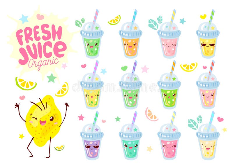 逗人喜爱的新鲜的圆滑的人汁酸奶玻璃器皿滑稽的字符集合 微笑的动画片愉快的面孔孩子样式收藏