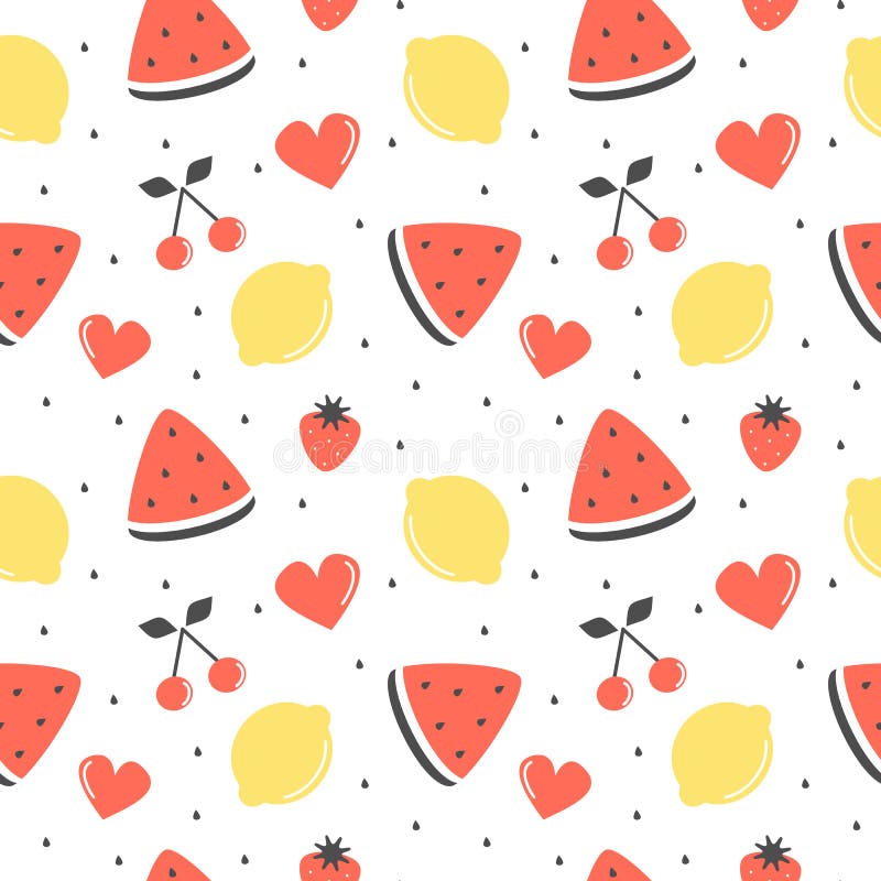 逗人喜爱的新鲜的夏天果子无缝的传染媒介样式背景例证用柠檬、樱桃、草莓和西瓜切片